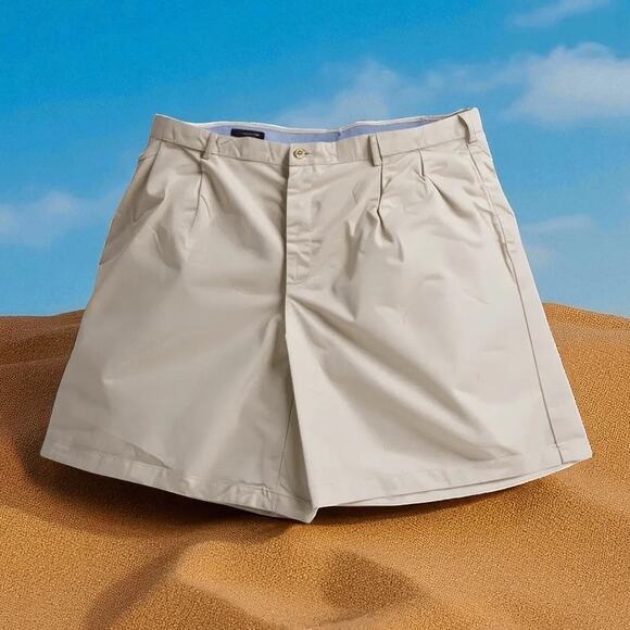 Lands End Mens Shorts Sz 42 Golf Pleats Casual Preppy Chino Outdoor Cotton Tan - Picture 1 of 11